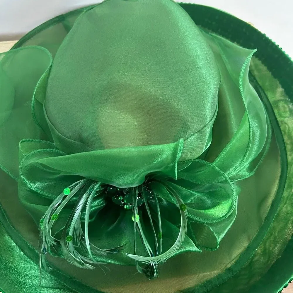Ashro Womens Green Organza Church Hat Wide Brim Feather Beaded Trim Kentucky